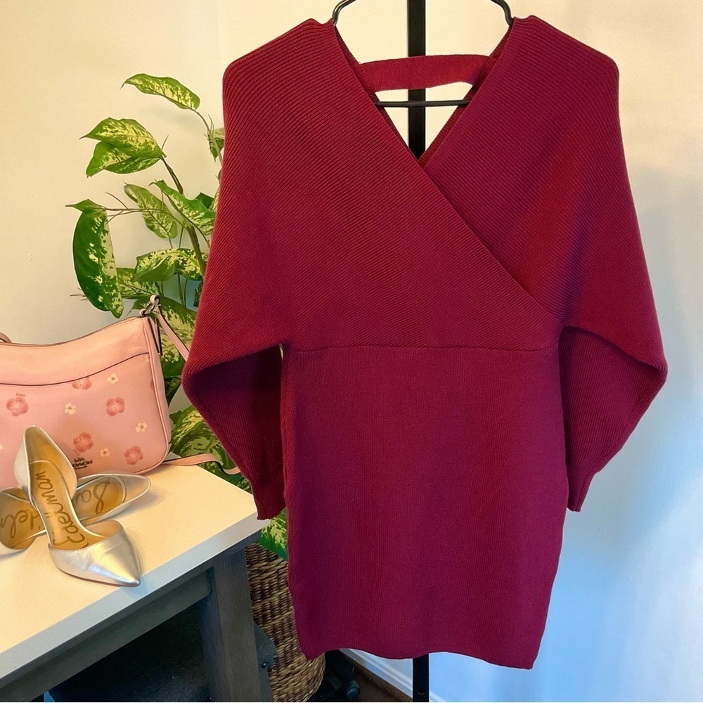 Knit Mini Dress with Ballooned Sleeves Burgundy - Large/X Large